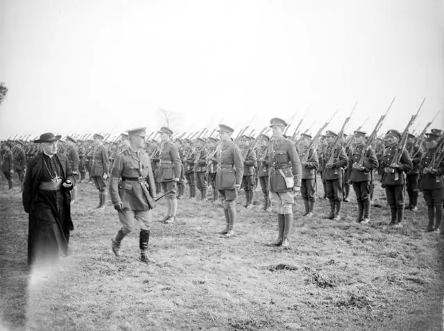 Cardinal Francis Bourne inspecting troops of the 8/9th Battalion, Royal Dublin Fusiliers at Ervillers, 27 October 1917.