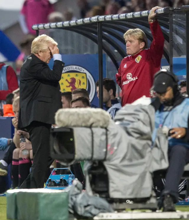 Scotland manager Gordon Strachan looks exasperated as coach Stuart McCall watches the game unfold.