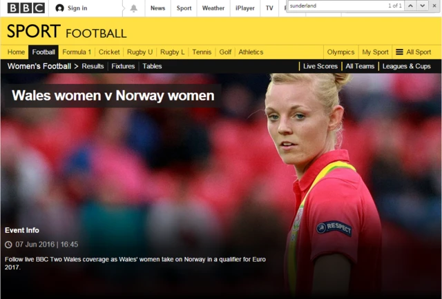 BBC Sport live page for Wales women v Norway women