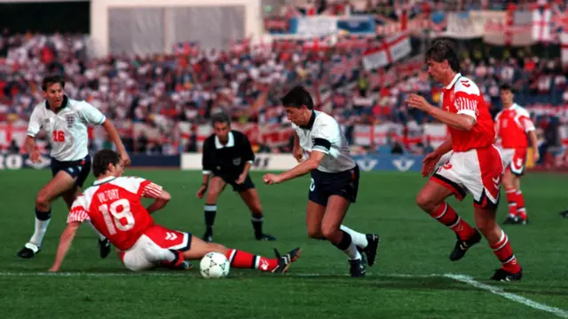 Gary Lineker in action against Denmark