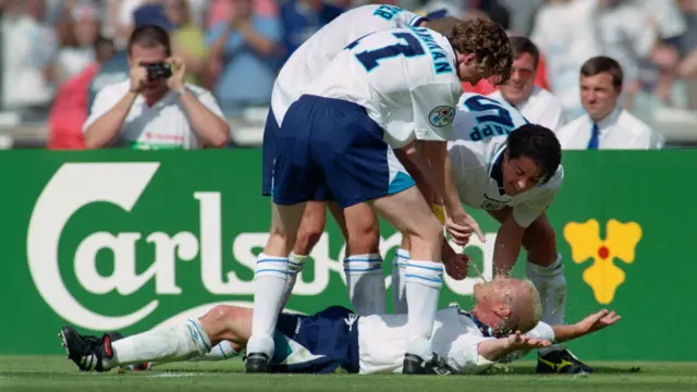 Paul Gascoigne celebrates scoring against Scotland