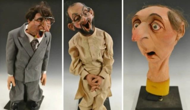 Spitting Image puppets of Jonathan Dimbleby, Salman Rushdie and Jasper Carrot