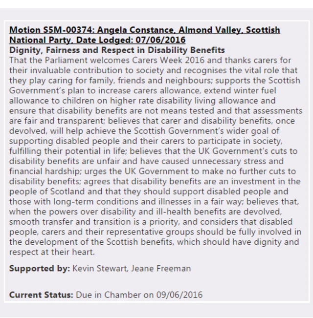 Social Security Secretary Angela Constance's motion for the disability benefits debate