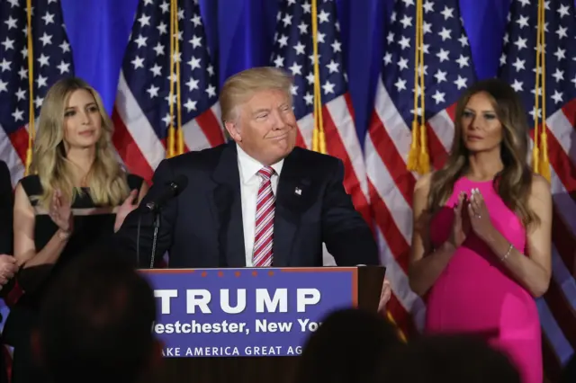 U.S. Republican Presidential candidate Donald Trump addresses supporters and the media following primary elections on June 7, 2016 in Briarcliff Manor, New York.