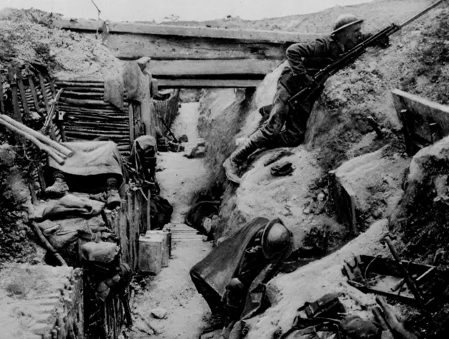 A British Grenadier Guardsman keeps watch during the Battle of the Somme