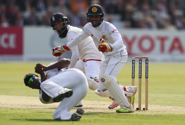 Moeen Ali is caught by Angelo Mathews