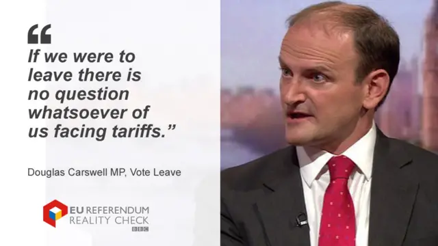 Douglas Carswell saying: "If we were to leave there is no question whatsoever of us facing tariffs."