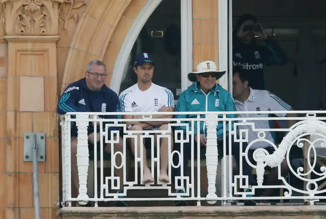 Nick Comtpon sits in between Trevor Bayliss and Paul Farbrace