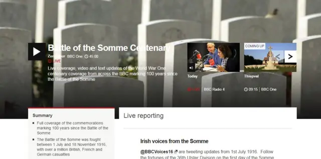 Screenshot of Battle of the Somme live page