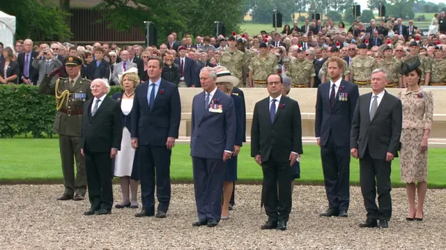 The Duke and Duchess of Cornwall with dignitaries at the Thiepval event