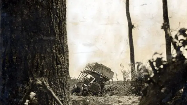 A wrecked London bus is pictured at St. Eloi, near Ypres, two weeks after leaving the garage in Willesden Green in 1914