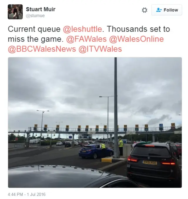 Wales fan heading to Lille tweets photo of queues on English side of Eurotunnel on Friday afternoon