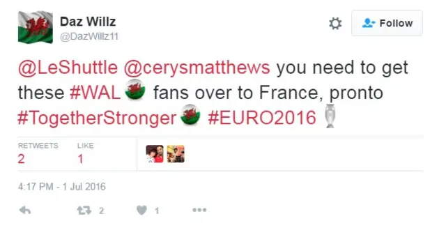 Graphic with Twitter message calling for swift action to help fans stuck at Eurotunnel