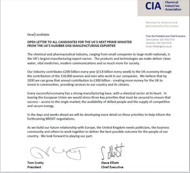 Letter from Chemical Industries Association