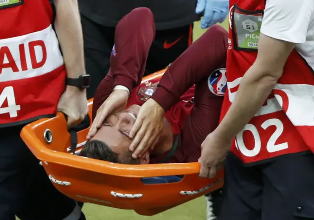 Cristiano Ronaldo on a stretcher