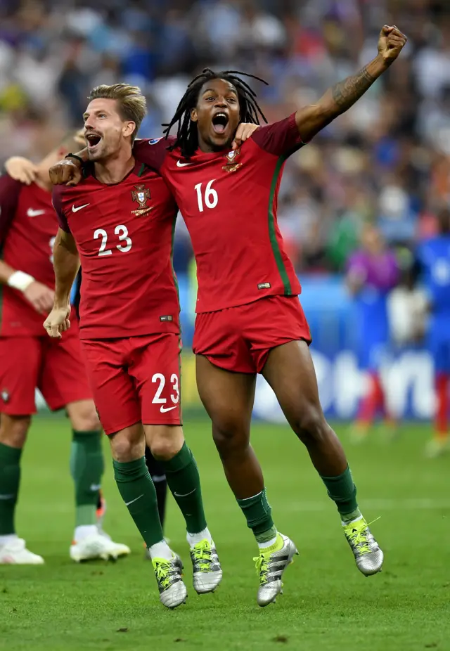 Renato Sanches and Adrien Silva celebrate