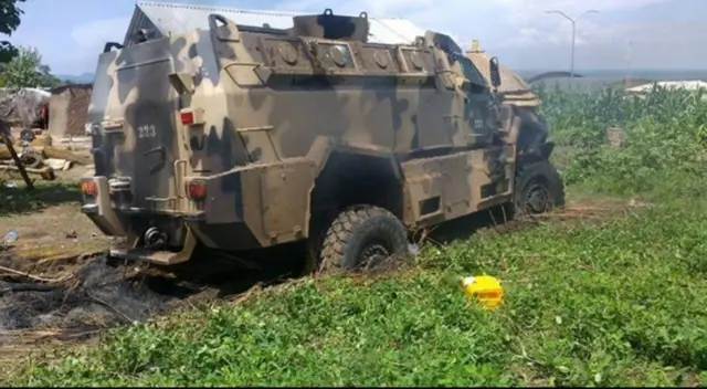 A wreckage of a Sudan People"s Liberation Movement armored personnel carriers (APC) is seen abandoned after it was destroyed in renewed fighting in Juba, South Sudan, July 11, 2016.