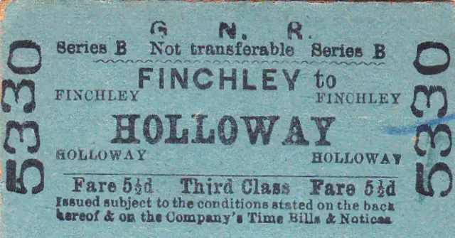 Blue third class Great Northern Railway: Finchley - Holloway ticket