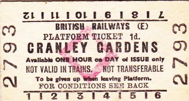 British Railways Cranley Gardens platform ticket, pink