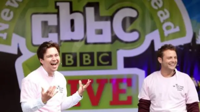 Sam and Mark hosting a CBBC event in 2014