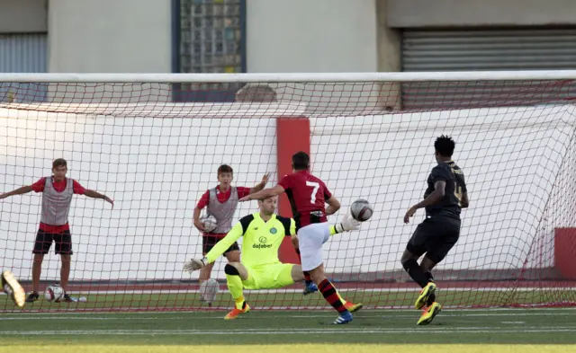 Lee Casciaro (7) scores for Lincoln Red Imps