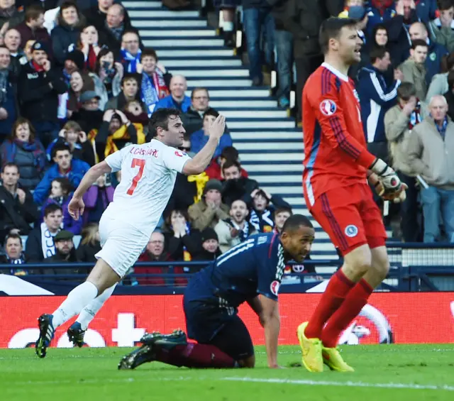 Lee Casciaro scores for Gibraltar against Scotland