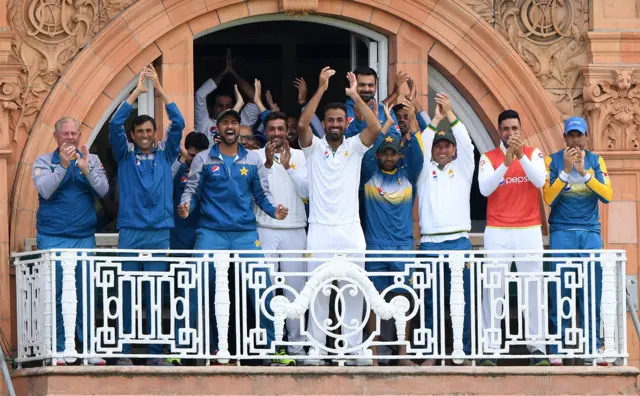 Pakistan's players celebrate on the balcony