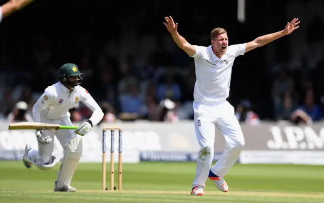 Jake Ball successfully appeals for lbw