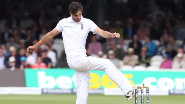 Steven Finn shows his frustration