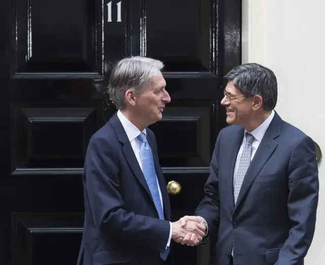 Philip Hammond meets Jack Lew outside Number 11 Downing Street