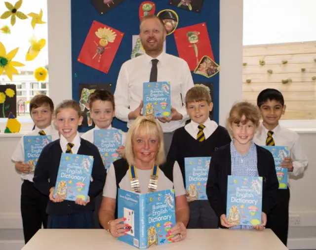 Walmley Primary School pupils with Head Teacher Mr Stuart Pearson and Jackie Ridge, President, Rotary Club of Wylde Green