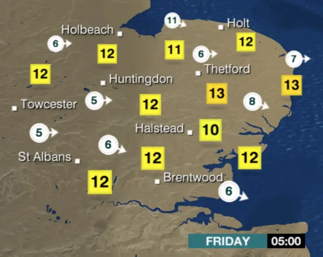 Weather graphic shows clear skies and highs of 12C Friday morning