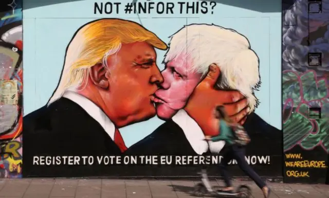 Cartoon of Boris Johnson kissing Donald Trump