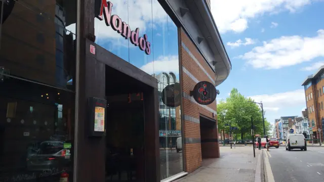 Nandos in Birmingham, just off Broad Street