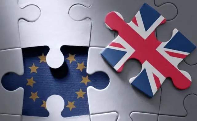 Jigsaw pieces with EU symbol and Union Jack