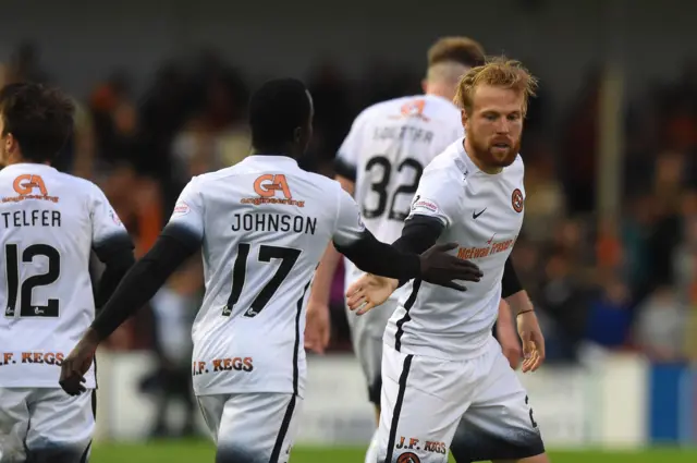 Henri Anier (right) celebrates his goal for Dundee United