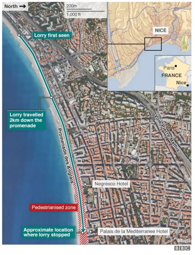 Map of lorry attack route in Nice