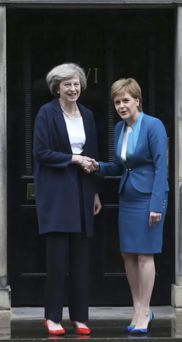 Theresa May and Nicola Sturgeon at the latter's official residence in Edinburgh