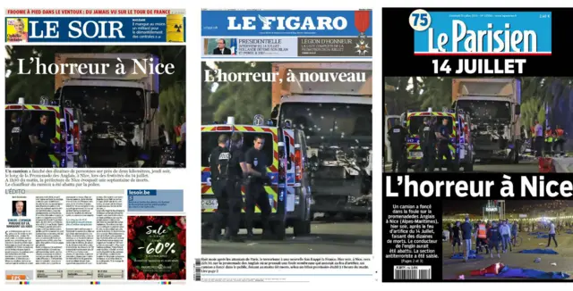 Front pages of Le Soir, Le Figaro and Le Parisien