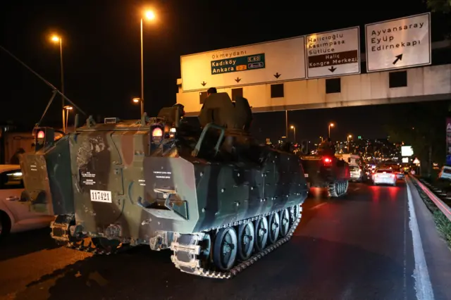 urkish Armys APC"s move in the main streets on July 15, 2016 in Istanbul, Turkey