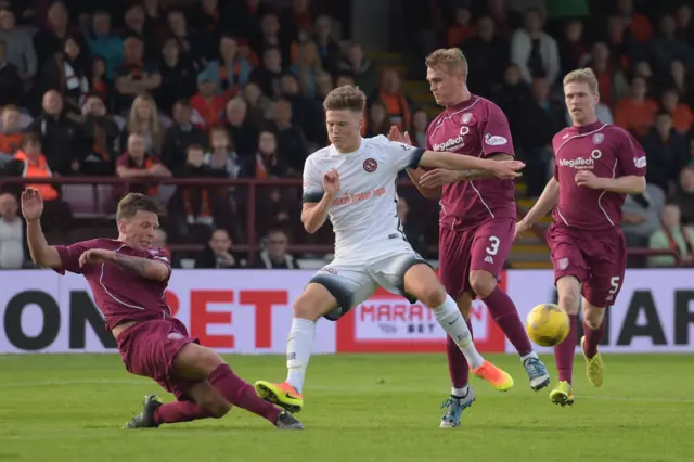 Dundee United's Blair Spittal (centre) is tackled in the box