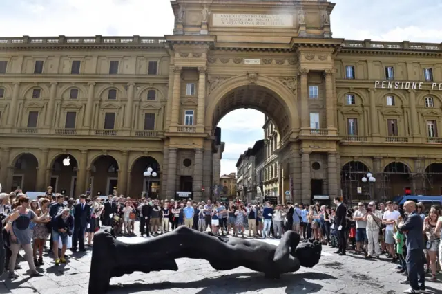 In Florence, Italy, a life-sized replica of Michelangelo Buonarroti's David was displayed supine, as a tribute to the victims of Nice attack, in the city's Piazza della Repubblica