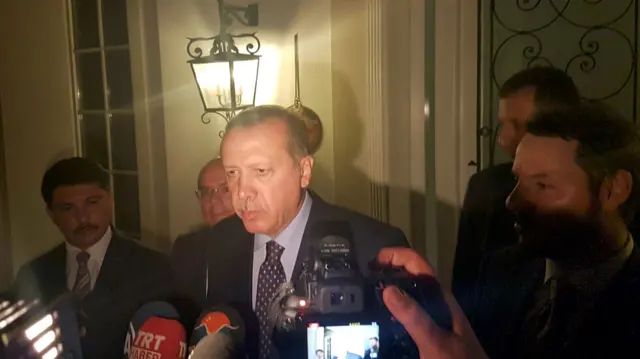 Recep Tayyip Erdogan speaks to reporters in Marmaris