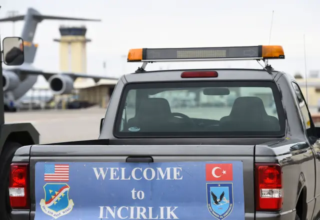 A service vehicle with a sign reading 'Welcome to Incirlik' is pictured at the air base in Incirlik, Turkey, on January 21, 2016