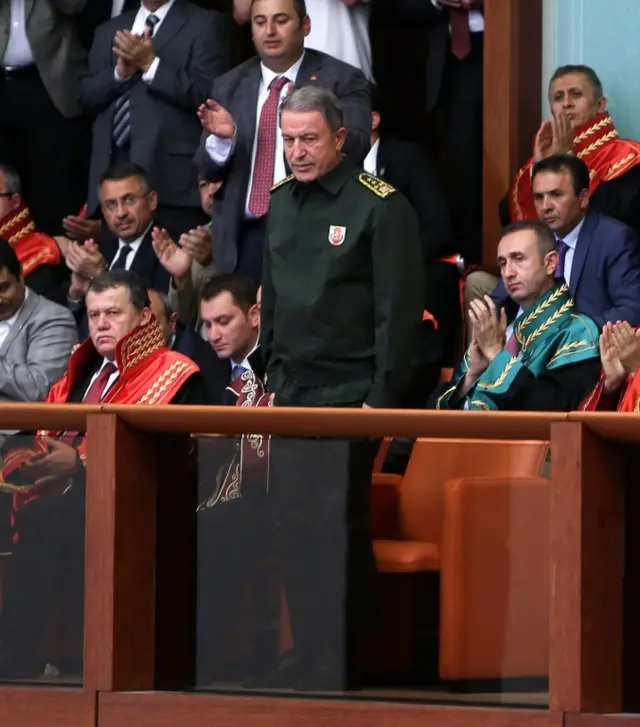 General Hulusi Akar, who was held by the rebels and later rescued, appears in an extraordinary session of parliament in Ankara