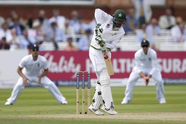 Shan Masood plays a defensive shot