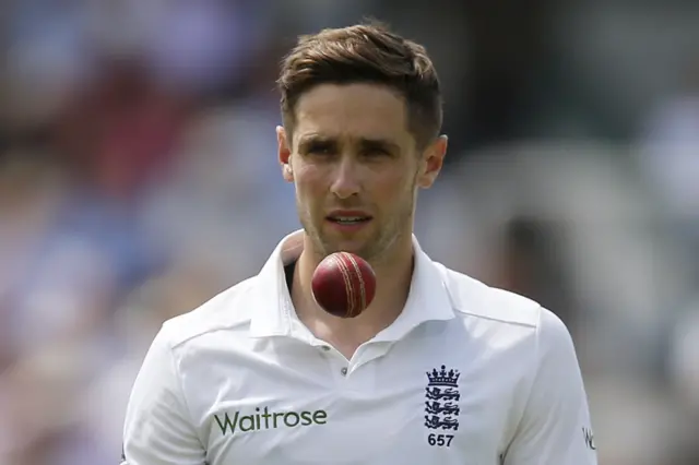 Chris Woakes in action on day three