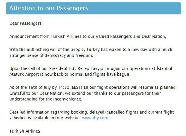 note from Turkish Airlines saying flight operations have resumed as normal