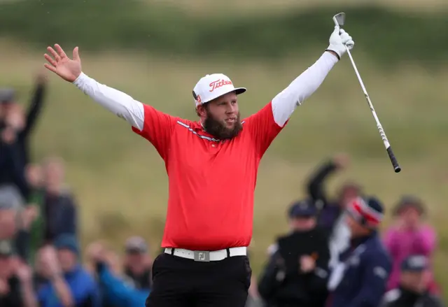 Andrew Johnston celebrates his birdie