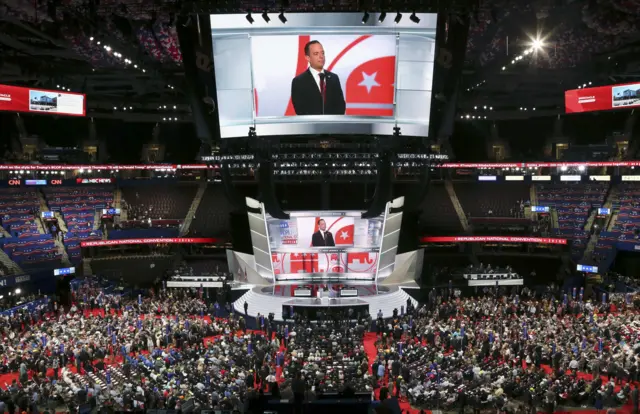 Republican National Committee Chairman Reince Priebus addresses the start of the first session of the Republican National Convention.